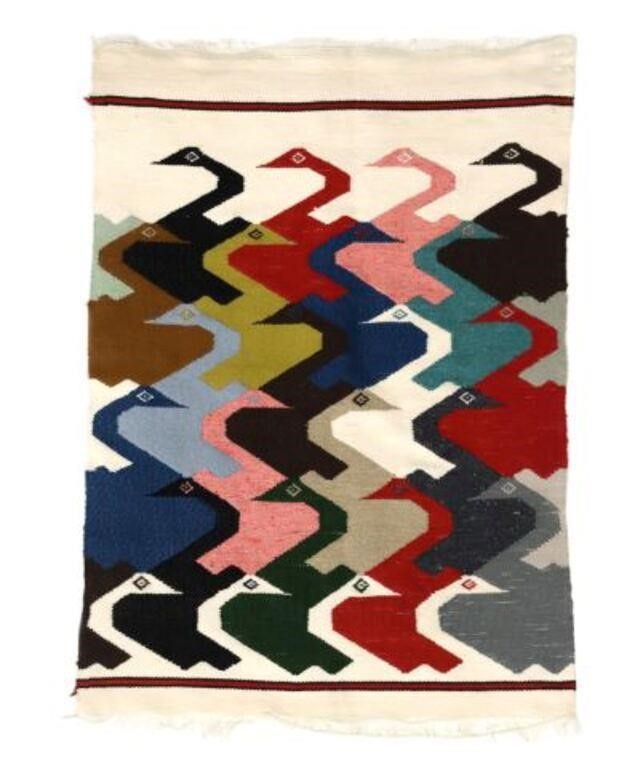 Appraisal: Mid-century cotton Kilim rug tapestry having multicolored geometric duck pattern