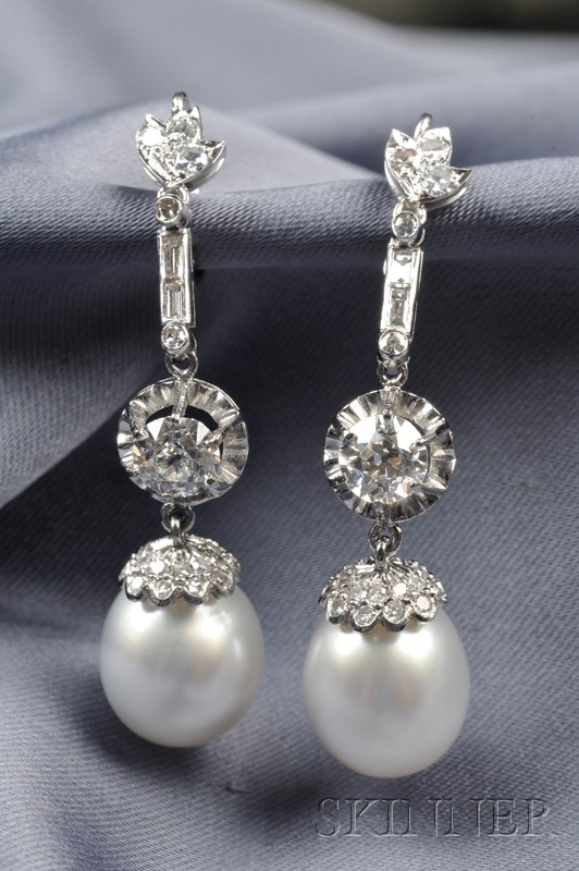 Appraisal: Cultured Pearl and Diamond Earpendants each designed as a pearl