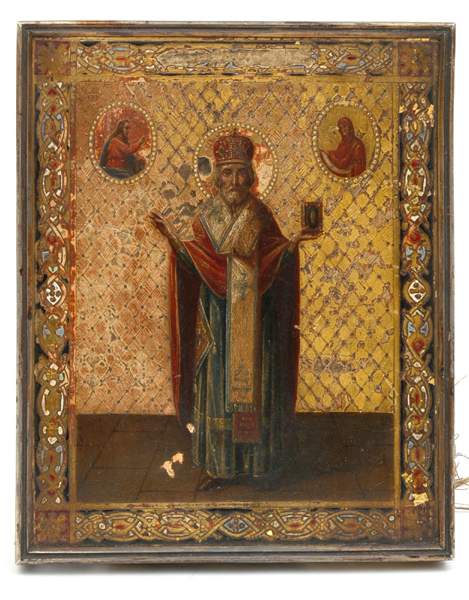 Appraisal: A RUSSIAN SILVER FRAMED ICON OF SAINT NICHOLAS Russia Moscow