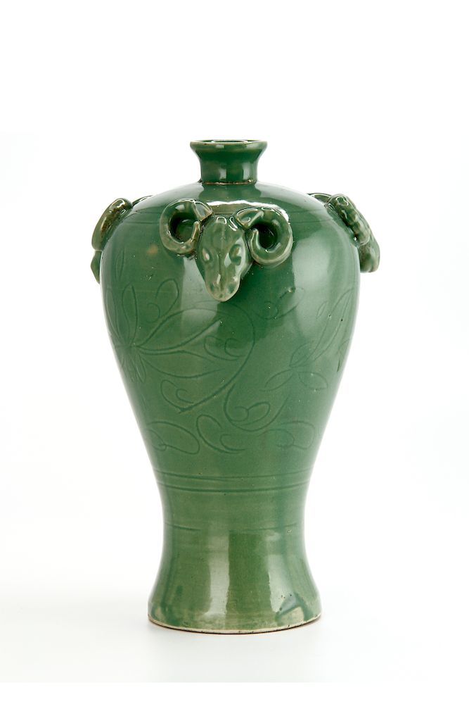 Appraisal: Chinese Green Glazed 'Three Rams' Vase The tapering body rising