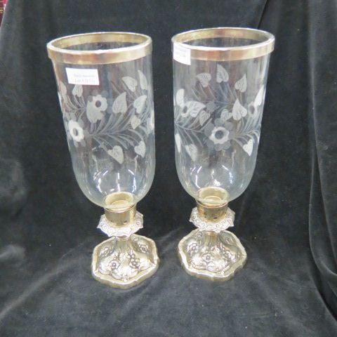 Appraisal: Pair of Silverplate Crystal Hurricane Lamps tall excellent