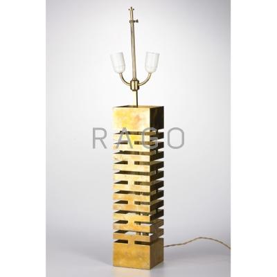 Appraisal: MAX SAUZE Reticulated brass table lamp France s Unmarked Base