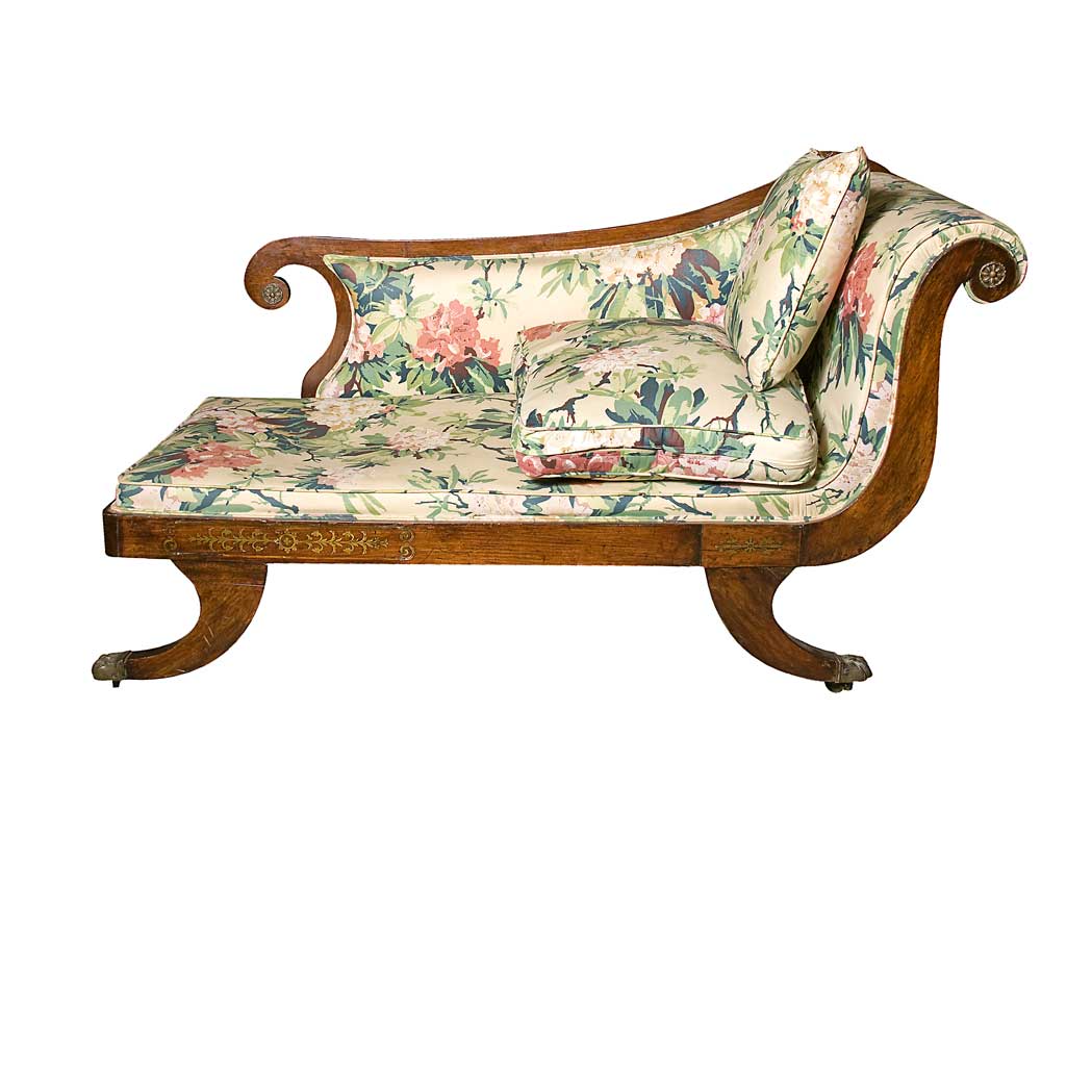 Appraisal: Neoclassical Style Metal Mounted Mahogany Recamier The upholstered back and