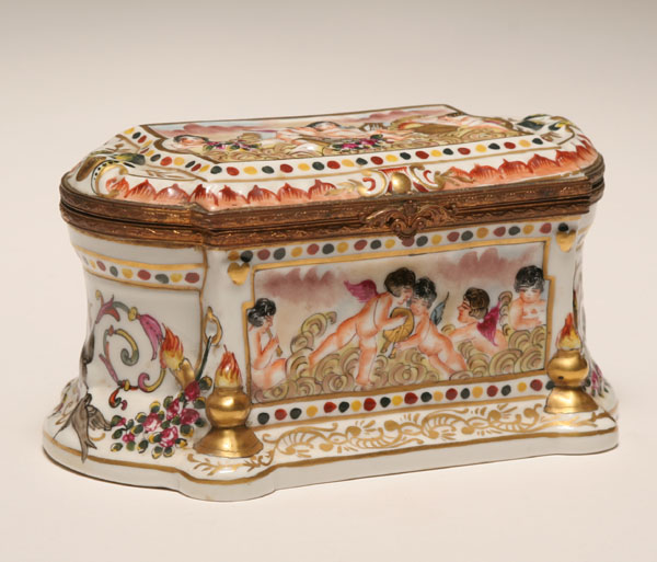 Appraisal: Capo di Monte jewelry casket playful putti frolic on a