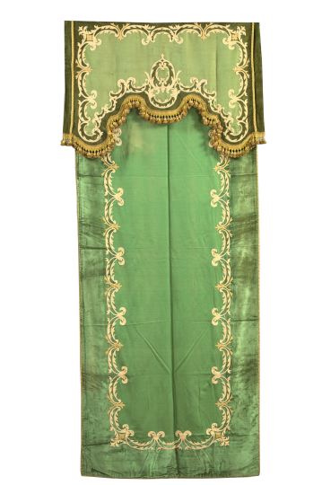 Appraisal: Elaborate Nine-Piece Window Drapery Ensemble in ecru-appliqued green velvet comprised