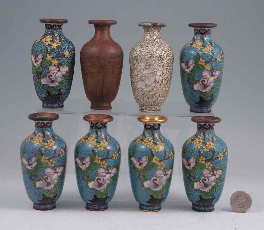 Appraisal: CLOISONNE STAGES VASES IN BOX Set of Chinese vases showing