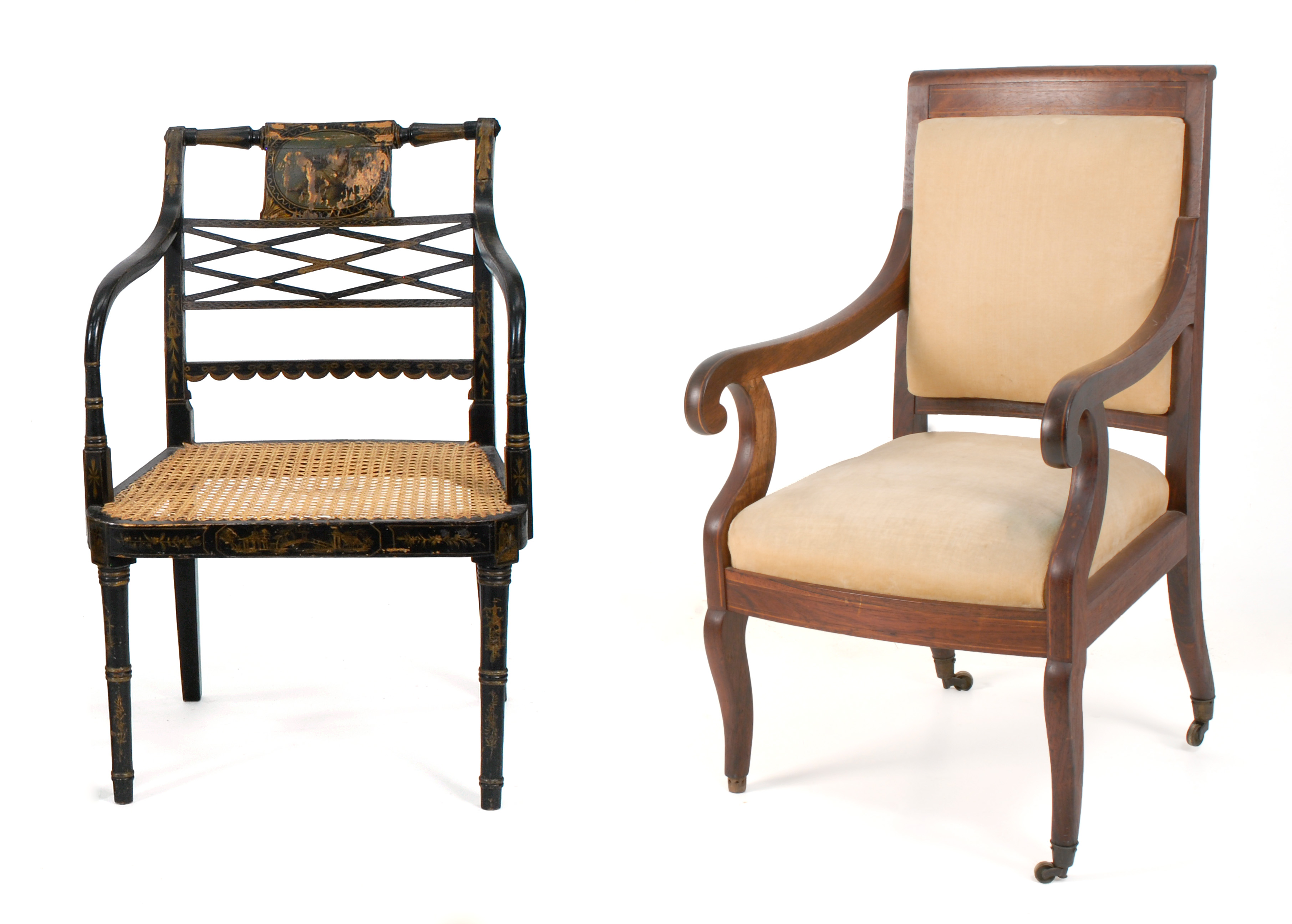 Appraisal: TWO ARMCHAIRS th CenturyAn upholstered Empire saber-leg armchair in rosewood