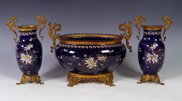 Appraisal: LUNEVILLE FRENCH ENAMELED CONSOLE BOWL VASES Cobalt glazed ceramic enameled