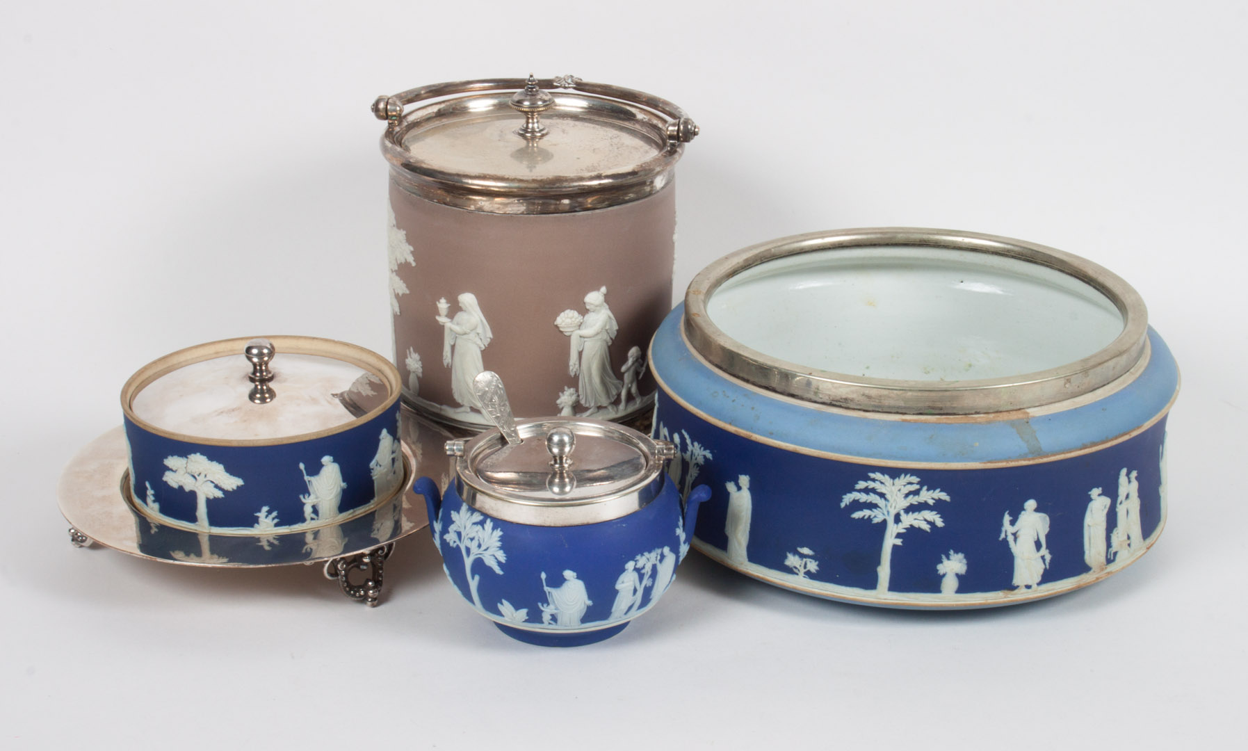 Appraisal: Wedgwood silver-plate-mounted jasperware items items include serving bowl biscuit jar