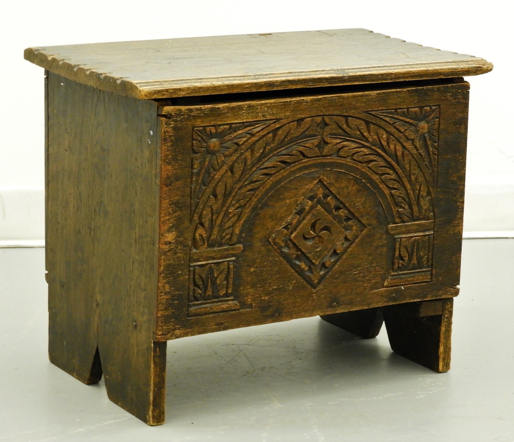 Appraisal: C ENGLISH COLONIAL DIMINUTIVE OAK STORAGE BOX England th CenturyChip