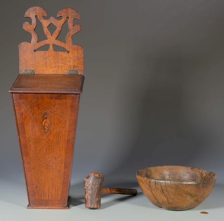 Appraisal: Candle Box Burl Bowl Gavel st item Oak and mahogany