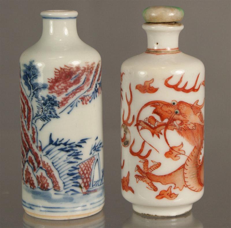 Appraisal: porcelain snuff bottles with blue iron red underglaze fisherman in