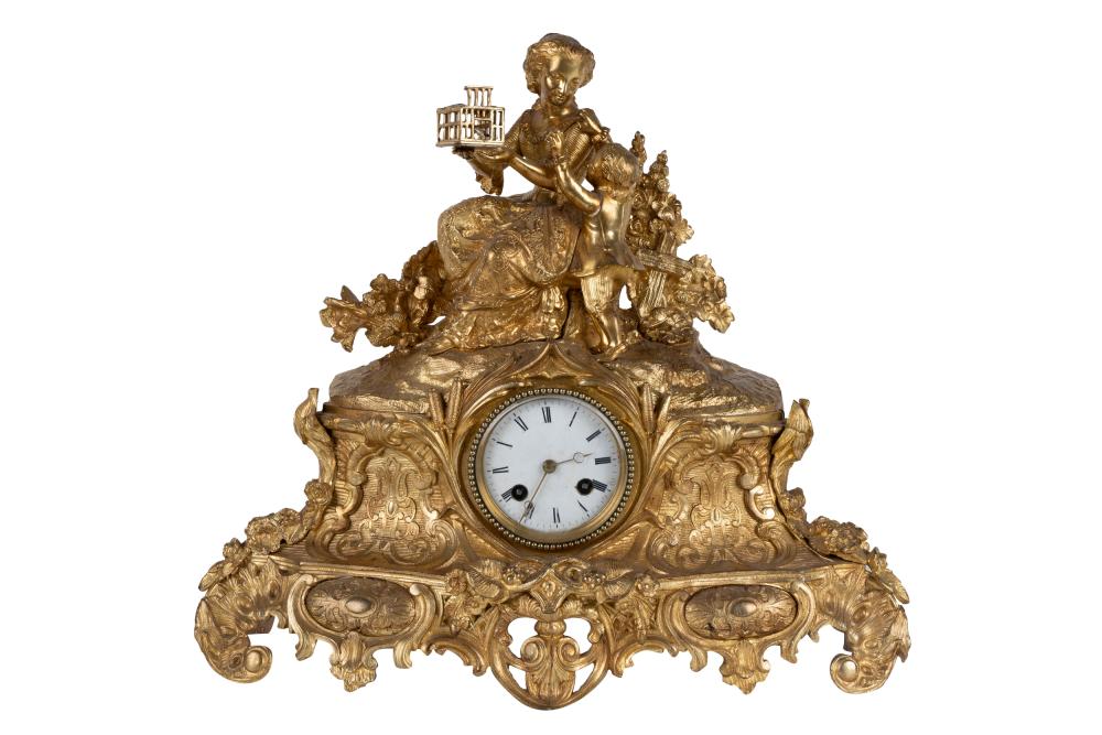 Appraisal: GILT BRONZE FIGURAL MANTEL CLOCKunsigned modeled with a girl holding