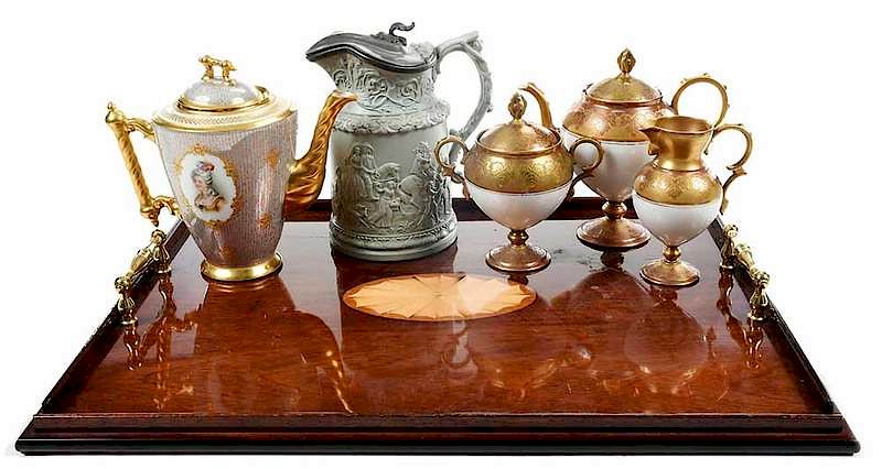 Appraisal: Tray with Four Assembled Service Pieces Pitcher modern inlaid tray