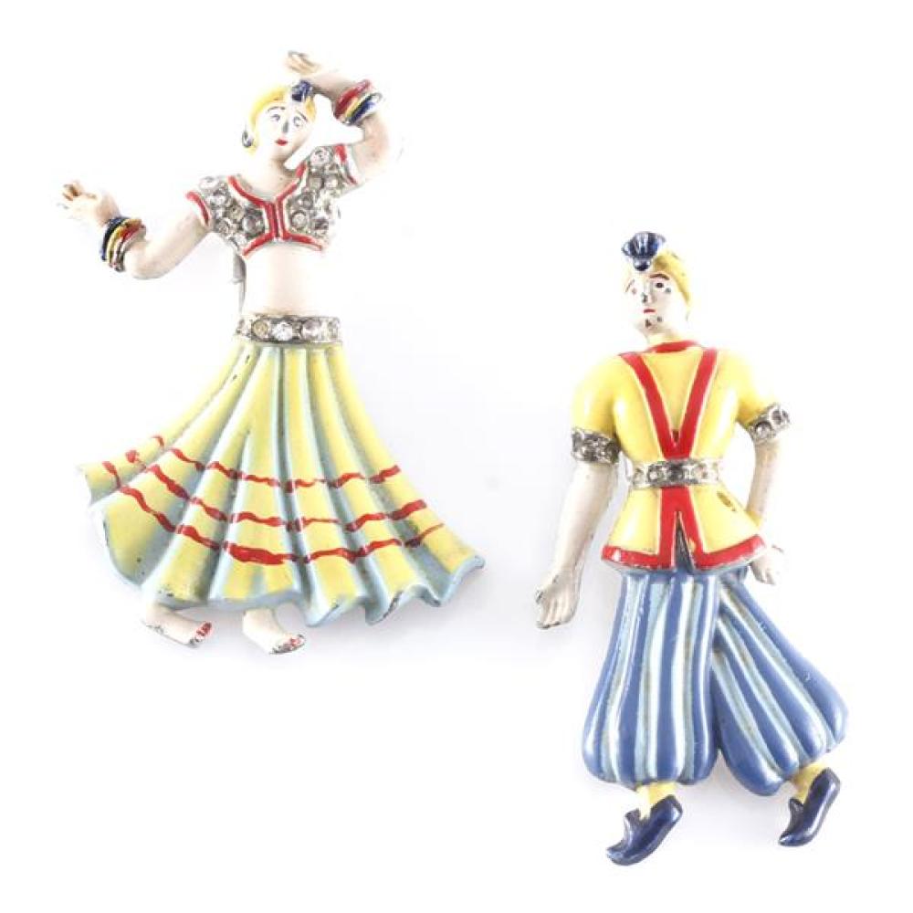 Appraisal: TWO ENAMELED CORO DANCER COUPLE IN COSTUMES PIN CLIPS WITH