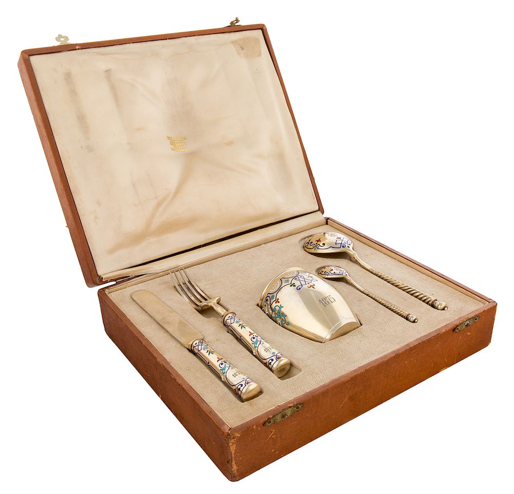 Appraisal: A RUSSIAN SILVER AND CHAMPLEVE ENAMEL PRESENTATION SET MOSCOW A