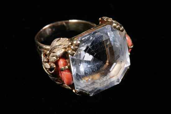 Appraisal: YELLOW GOLD ORANGE CORAL AND SQUARE-CUT PALE AQUAMARINE RING th-