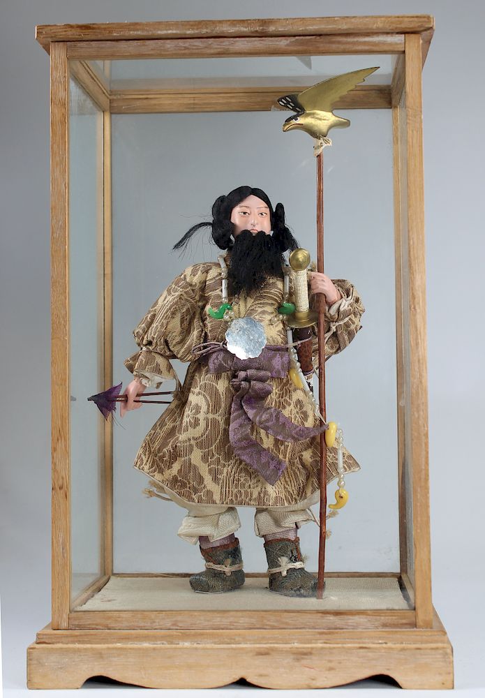 Appraisal: Japanese Samurai Doll in Glass Display Case Japanese Samurai Doll