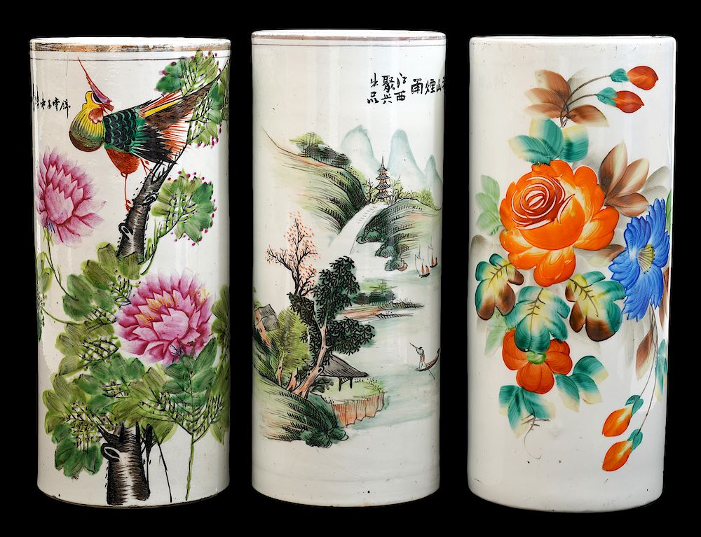 Appraisal: Chinese Porcelain Cylindrical Vases white porcelain hand painted cylindrical Chinese