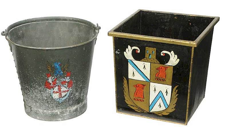 Appraisal: Heraldic Painted Tole Fire Bucket Cachepot British late early th