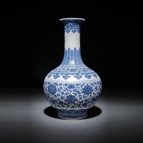 Appraisal: A Ming-Style Blue and White Lotus Bottle Vase Qianlong Mark