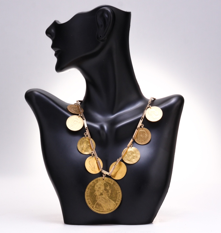 Appraisal: GOLD NECKLACE WITH NINE GOLD AUSTRIAN COINS Nine Austrian gold