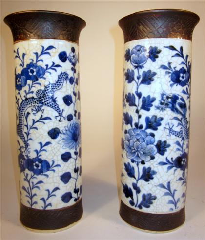 Appraisal: Pair of Chinese style blue and white porcelain beaker vasesCylindrical