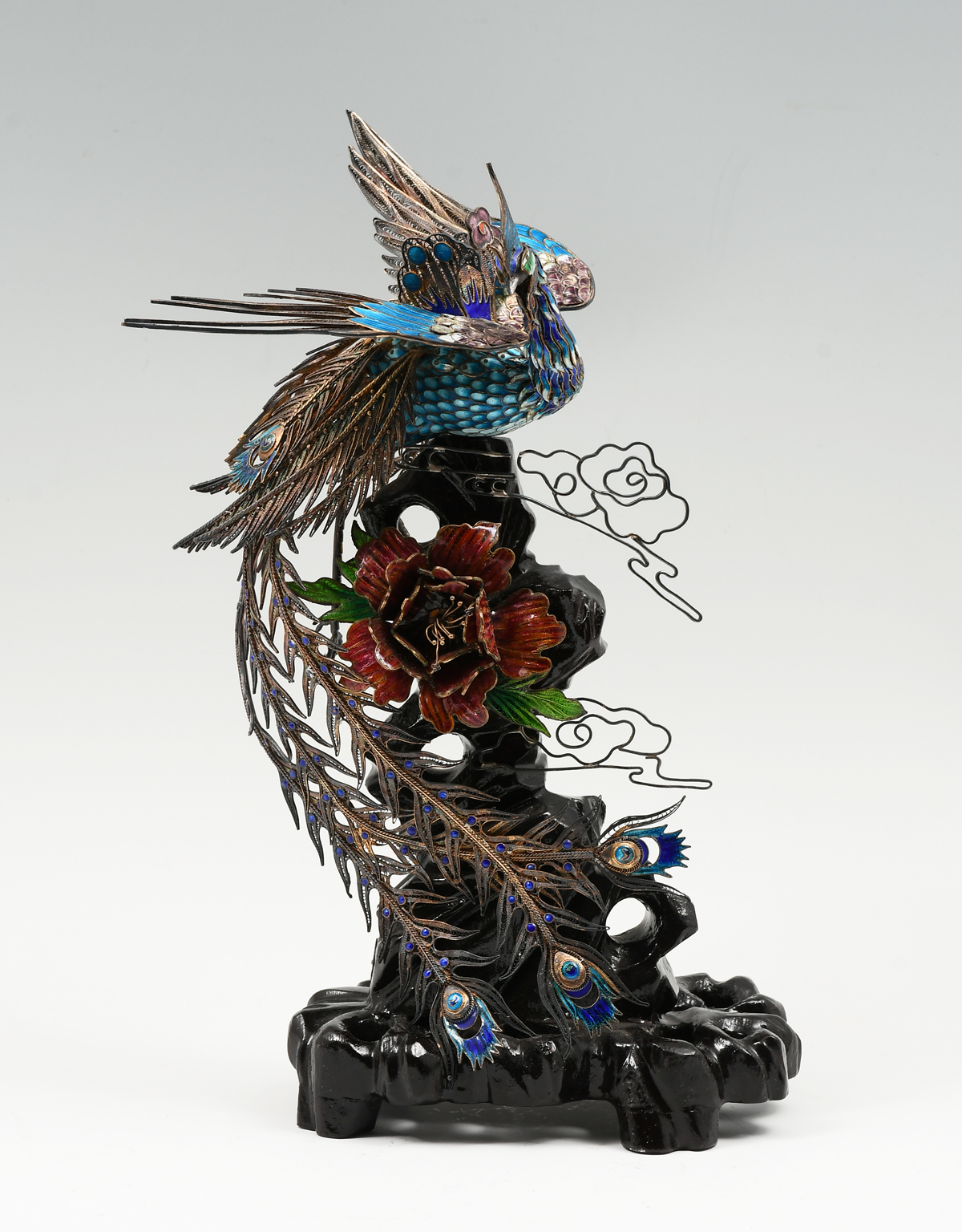 Appraisal: CHINESE ENAMELED SILVER FILIGREE PHOENIX SCULPTURE Large Chinese Export sculpture