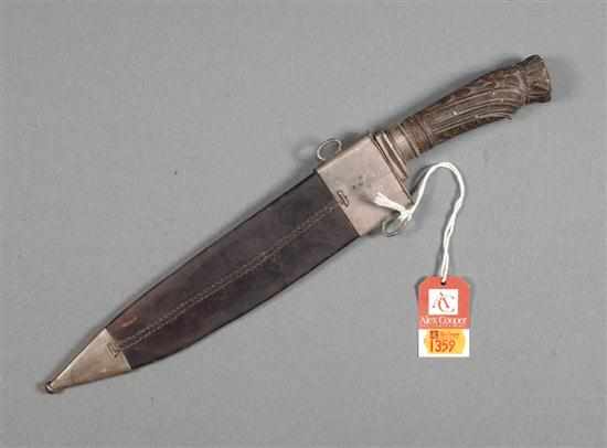 Appraisal: Mexican silver-mounted bowie knife with carved horn grip and original