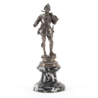 Appraisal: Modern Silvered Bronze Figurine On Marble Base Armored Soldier Signed