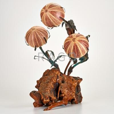 Appraisal: DESIGNER Three-light sea urchin table lamp Burled wood and patinated