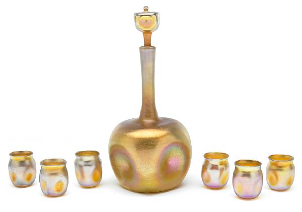 Appraisal: A Tiffany Favrile glass liqueur set circa comprising a stoppered