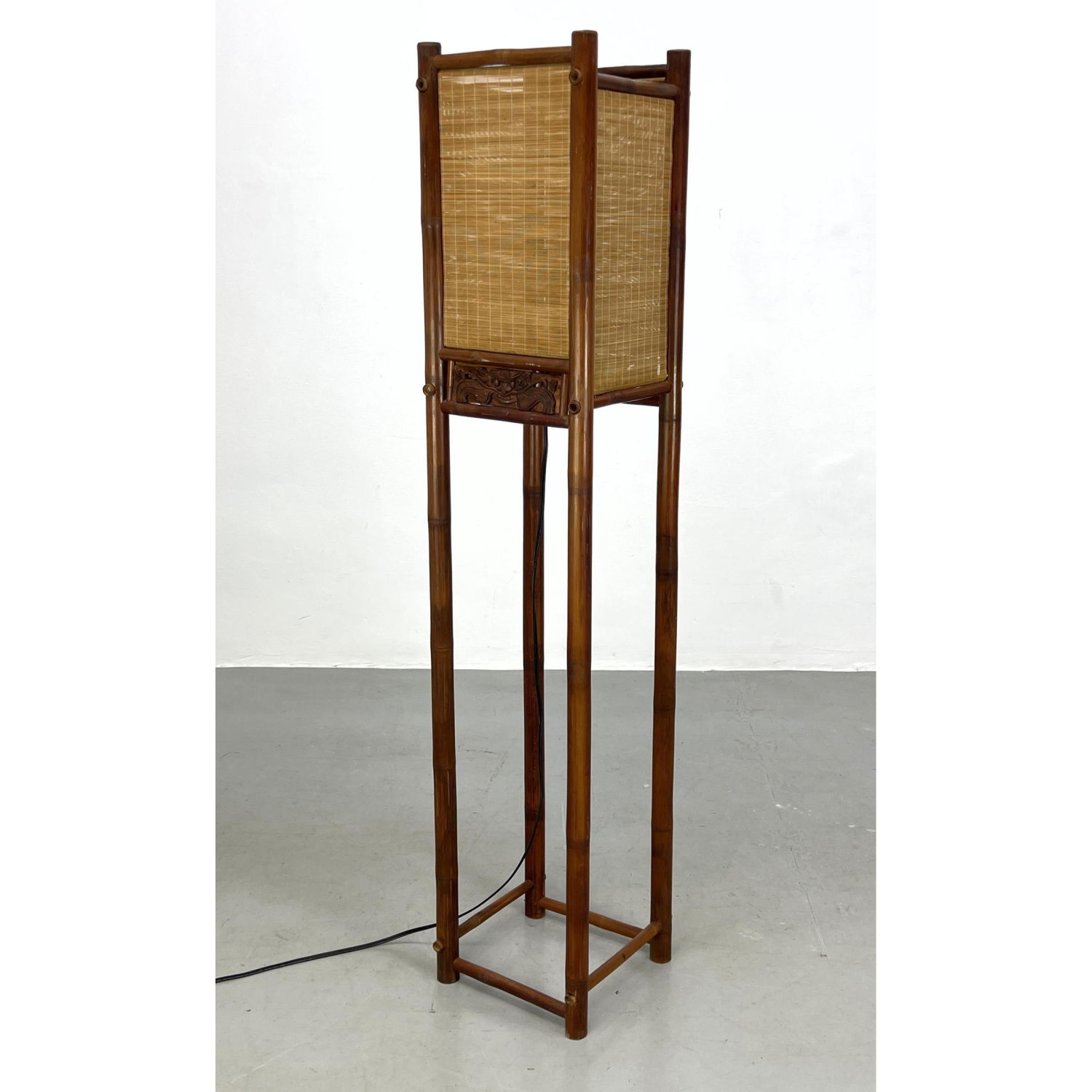 Appraisal: Asian style Square Column Wood Lamp Woven Screen Shades Carved