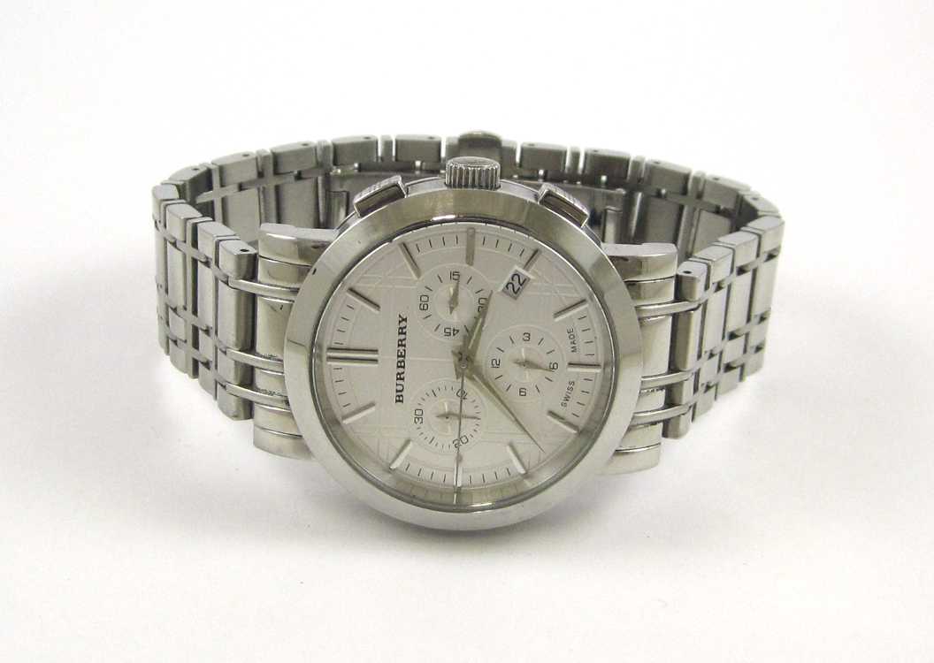 Appraisal: MAN'S SWISS BURBERRY CHRONOGRAPH BRACELET WATCH mm stainless steel case