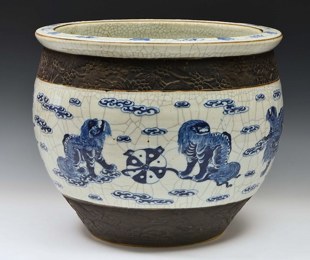 Appraisal: A CHINESE CANTON BLUE AND WHITE GOLDFISH JARDINIERE decorated dogs