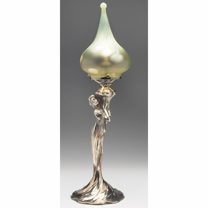 Appraisal: Art Nouveau lamp silver-plated base with a female figure bulbous