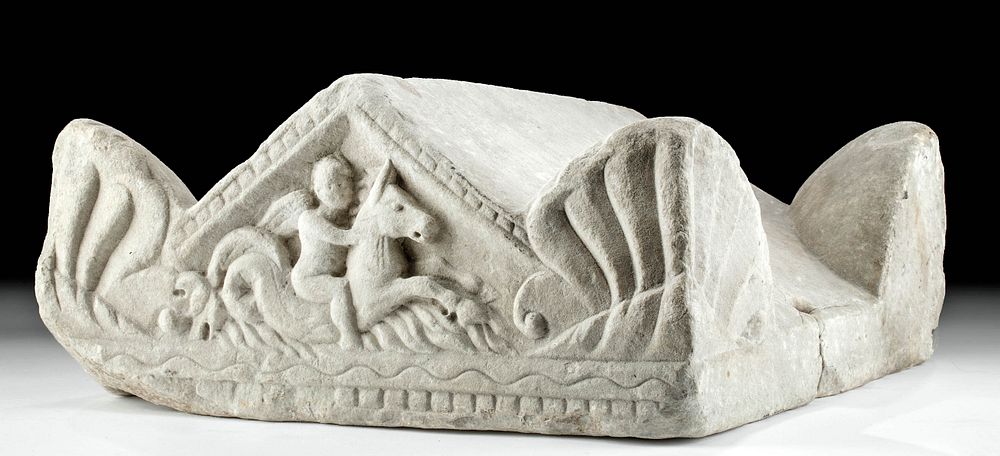 Appraisal: Roman Marble Cinerarium Lid - Cupid Riding Hippocamp Originally Listed