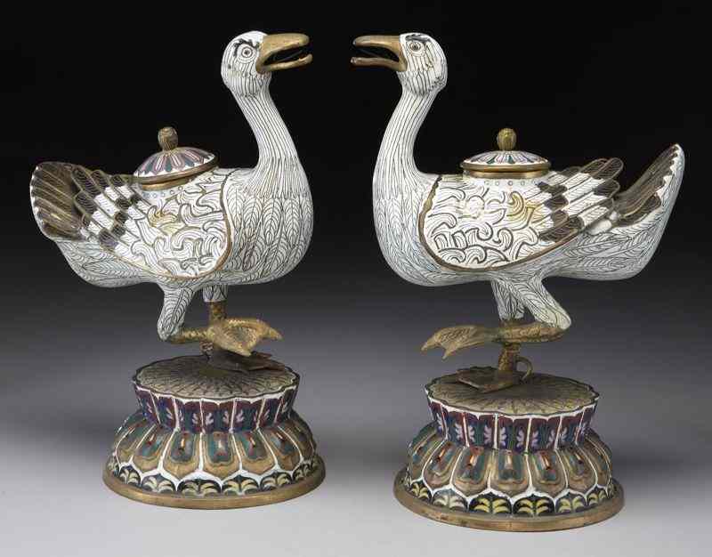 Appraisal: Pr Chinese cloisonne duck incense burners raisedon cloisonne bases ''H