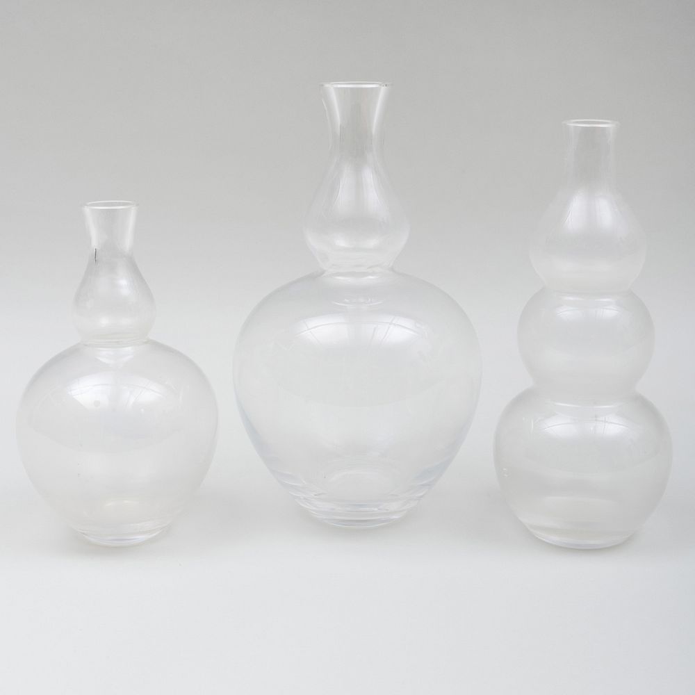 Appraisal: Group of Three Kagami Glass Vases Etched signature The largest