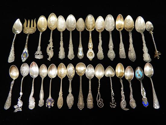 Appraisal: SILVER Twenty-nine souvenir spoons and fork all marked sterling except