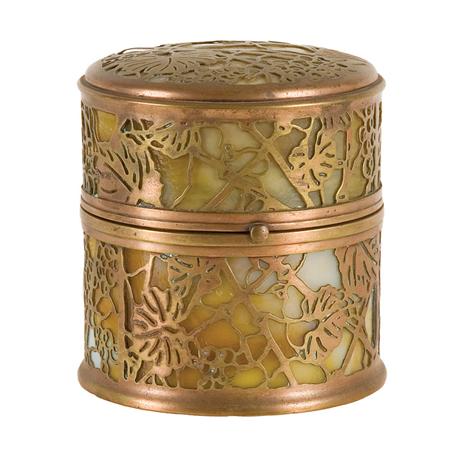 Appraisal: Tiffany Studios Copper and Slag Glass Cylindrical Box Estimate nbsp