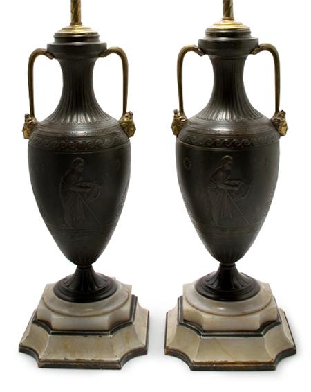 Appraisal: Pair of Neoclassical Style Gilt and Patinated-Bronze Two-Handled Urns Estimate