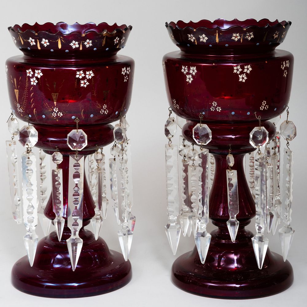 Appraisal: Pair of Victorian Enameled Ruby Glass Lusters x in diam