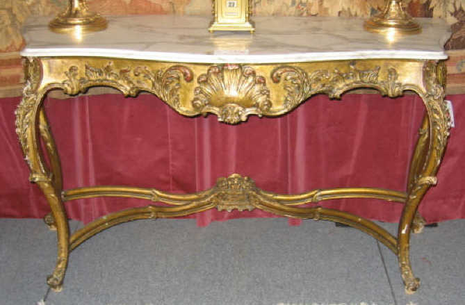 Appraisal: FRENCH LOUIS XV STYLE GILTWOOD MARBLE TOP CONSOLE With shaped