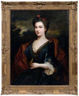 Appraisal: British School portrait woman in jeweled velvet gown holding a