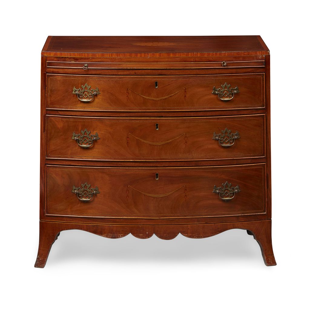 Appraisal: GEORGE III MAHOGANY AND SATINWOOD BOWFRONT CHEST OF DRAWERS CIRCA