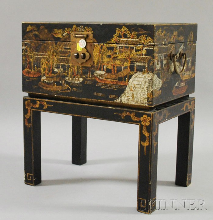 Appraisal: Chinese Export Gilt and Paint Decorated Black Lacquer Box on