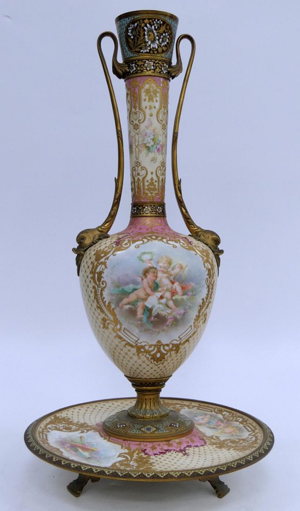 Appraisal: HUGE SEVRES STYLE HAND PAINTED VASE AND TRAY Measures tall