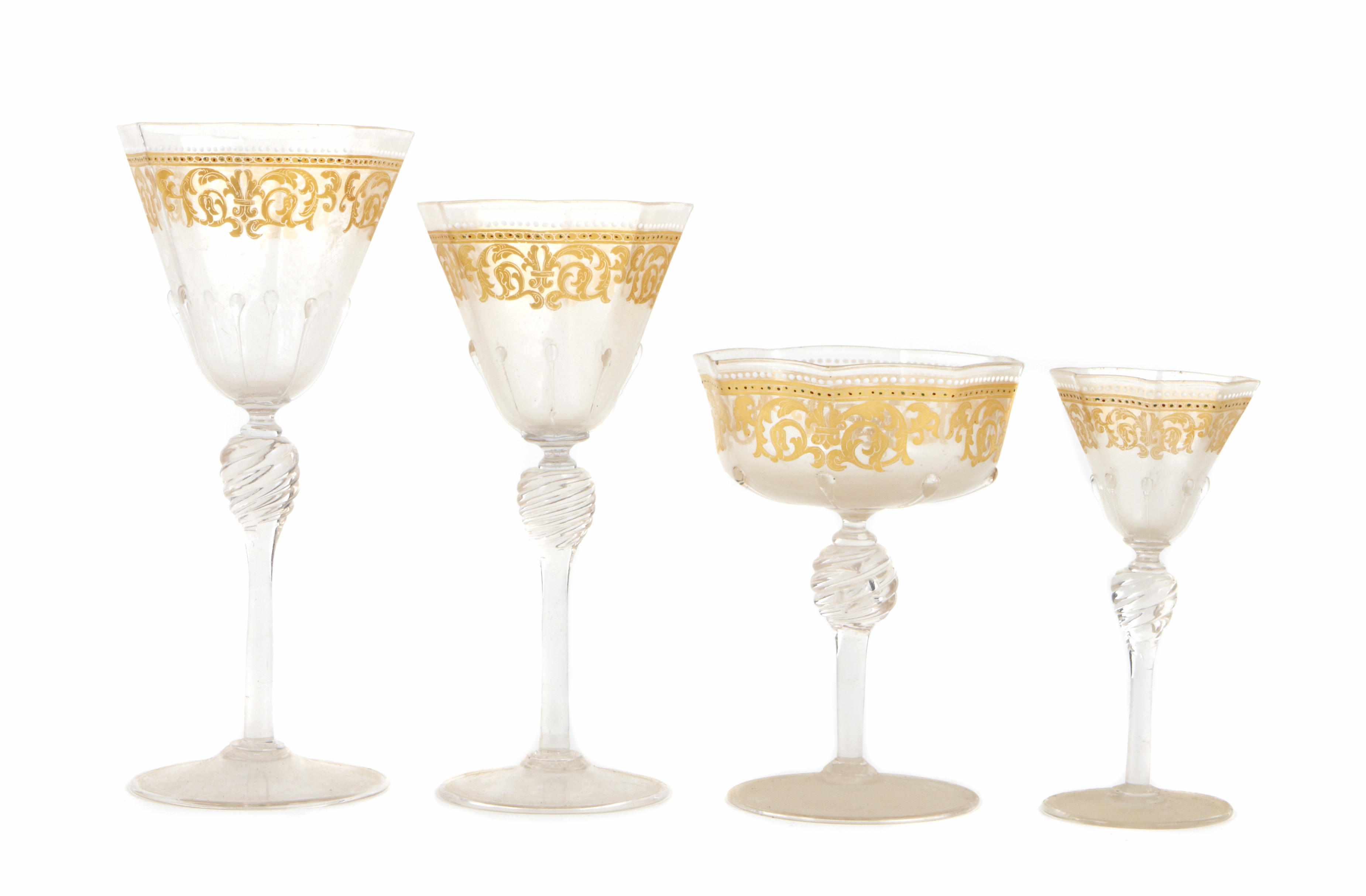 Appraisal: A partial suite of gilt heightened Venetian glassware Comprising twelve