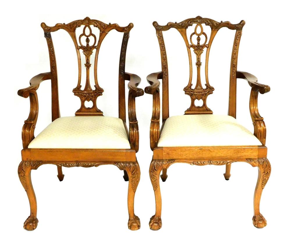 Appraisal: Finely carved Chippendale style armchairs pair c acanthus leaf motif